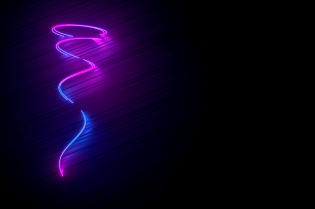 Ilustración en 3D de una espiral de neón sobre una superficie negra brillante