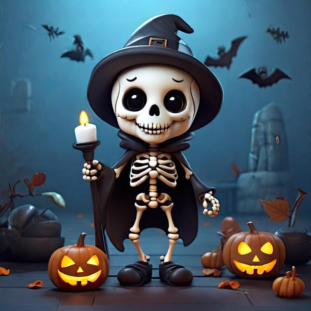 Ilustración en 3D de un esqueleto lindo con temática de fantasmas de Halloween