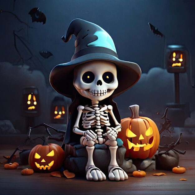 Ilustración en 3D de un esqueleto lindo con temática de fantasmas de Halloween