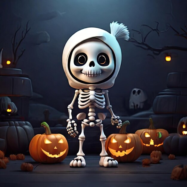 Ilustración en 3D de un esqueleto lindo con temática de fantasmas de Halloween