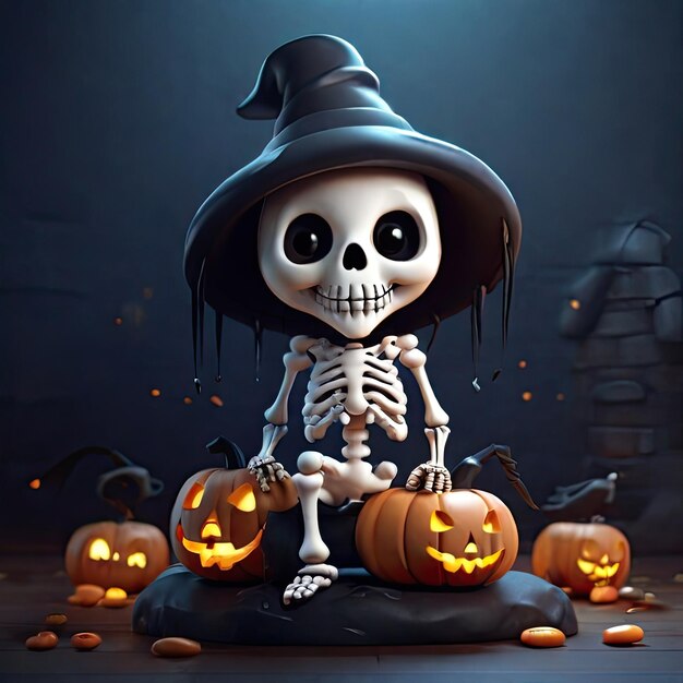 Ilustración en 3D de un esqueleto lindo con temática de fantasmas de Halloween