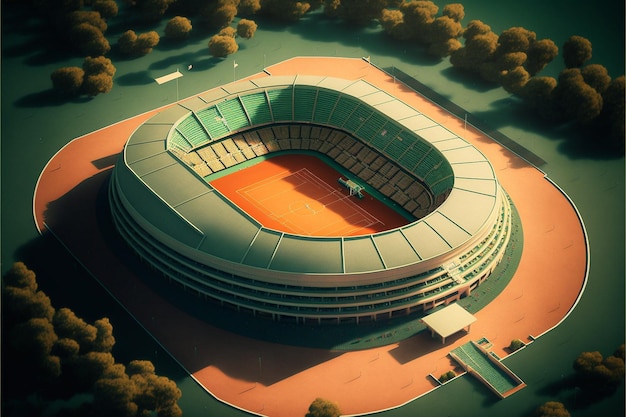 una ilustración 3d de un estadio deportivo con suelo rojo.