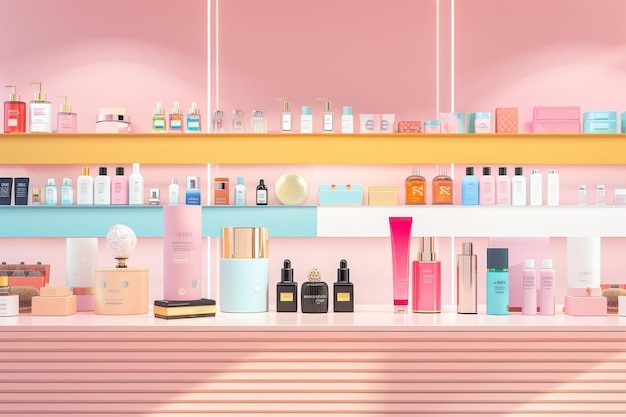 Foto ilustración 3d del estante de productos para el cuidado de la piel en el fondo