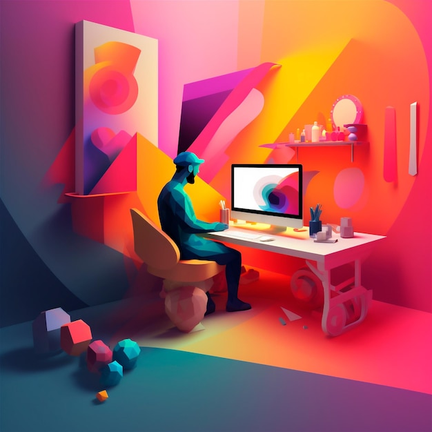 Ilustración 3D estilizada del espacio de trabajo del diseñador con computadora en la oficina doméstica generada por IA