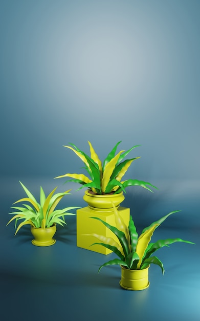 Ilustración 3D estilizada. Plantas caseras en macetas sobre un fondo azul. Lugar para el texto