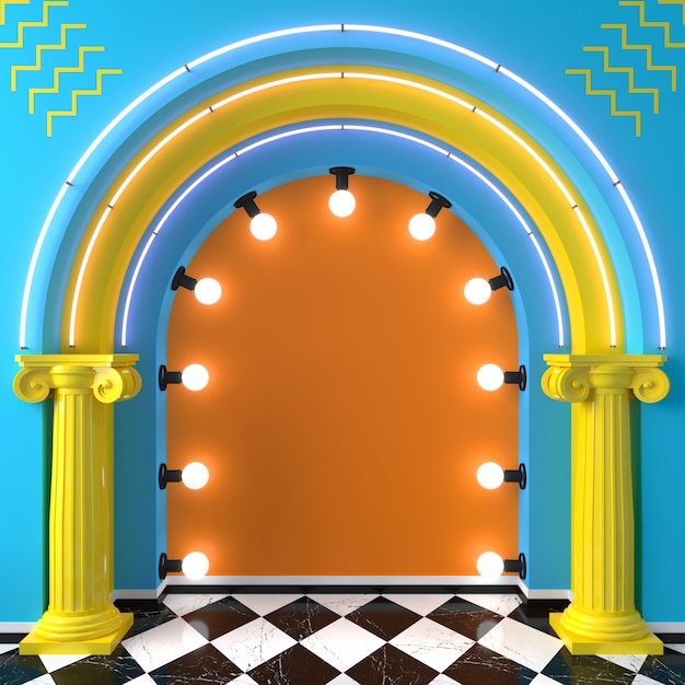 Ilustración 3d estilo de arte pop de memphis podio de arco brillante