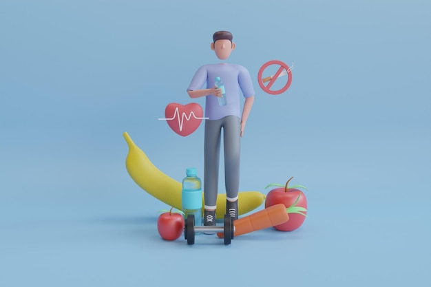 Ilustración 3D de estilo de vida saludable, dieta equilibrada y bienestar corporal. vida saludable