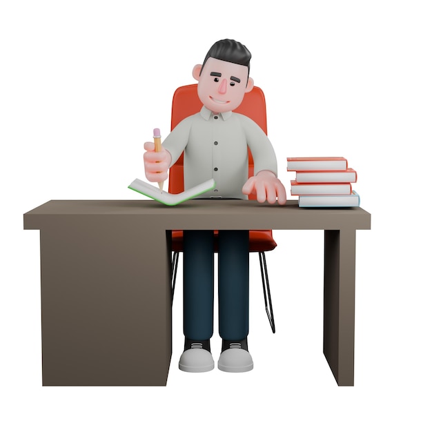 Ilustración 3D de un experto creativo Un escritor está sentado en su silla de escritorio mientras escribe