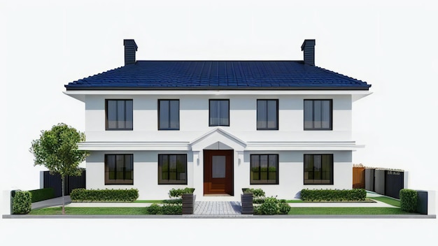 Ilustración 3D del exterior de un edificio residencial aislado sobre un fondo blanco