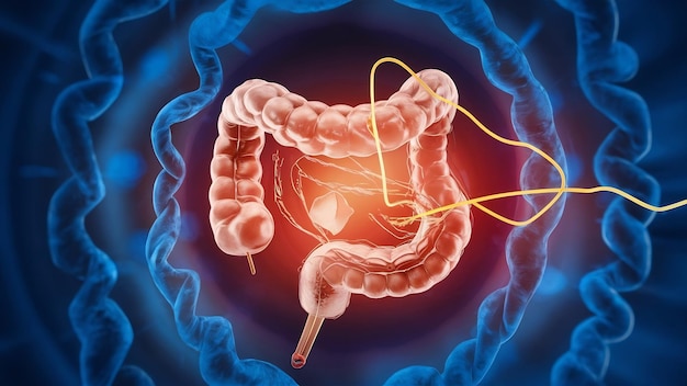 Foto ilustración 3d de la extirpación de un pólipo del colon con un bucle de alambre eléctrico durante una colonoscopia