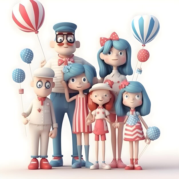 Ilustración 3D de una familia feliz con banderas y globos