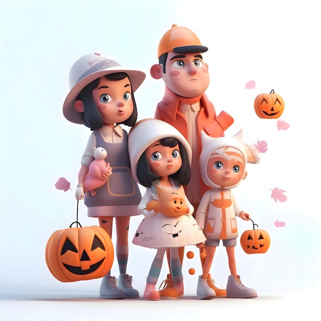 Ilustración 3D de una familia feliz con calabazas sobre un fondo blanco