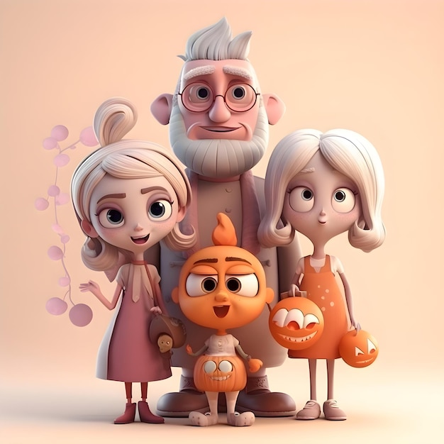 Ilustración 3D de una familia feliz con una niña pequeña y un abuelo