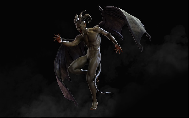 Foto ilustración 3d de fantasía de demonio y diablo y alas oscuras