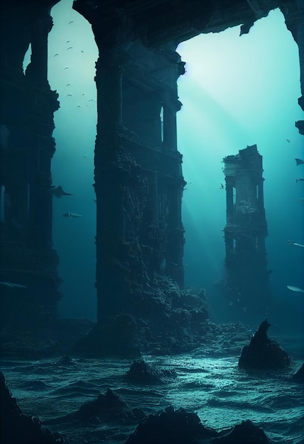 Ilustración 3d de fantasía submarina de ciudad perdida en ruinas