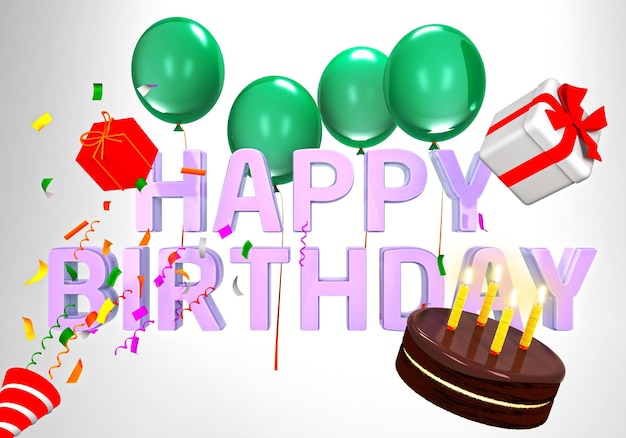 Ilustración 3d de feliz cumpleaños con pastel de chocolate y caja de regalo