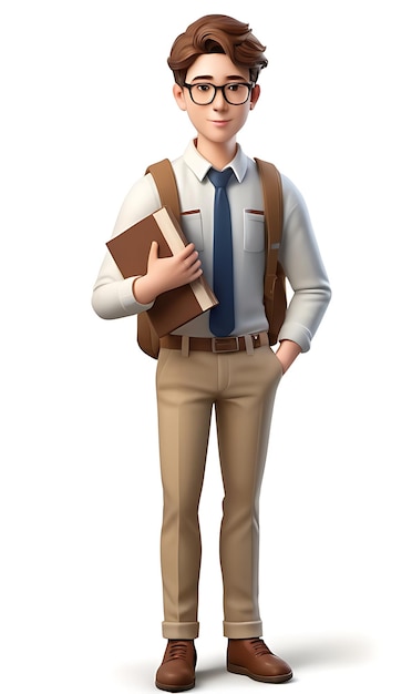 Ilustración en 3D de un feliz personaje joven maestro con gafas sosteniendo un libro