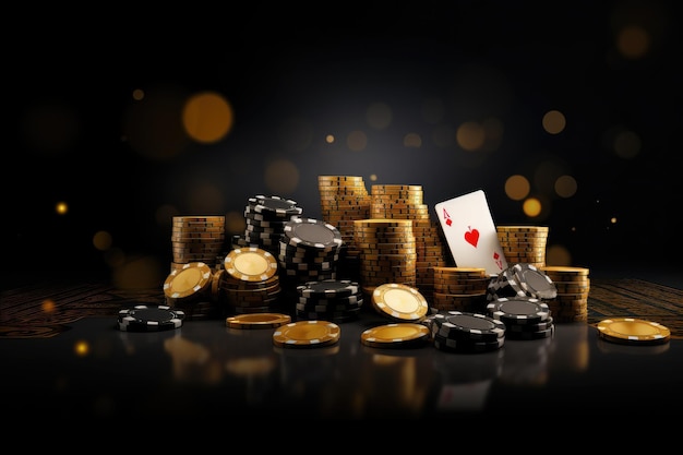 Ilustración 3d de fichas y cartas de casino sobre fondo negro con efecto bokeh Juego de casino Tarjeta de póquer jugando fichas de juego Estilo negro y dorado Fondo de banner Concepto AI generado