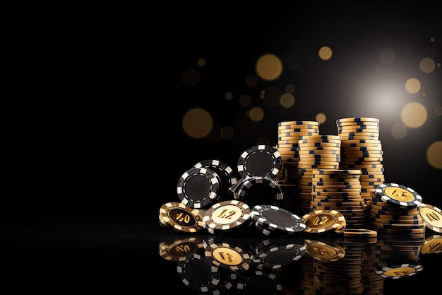 Ilustración 3d de fichas de casino doradas sobre fondo negro con bokeh Juego de casino Tarjeta de póquer jugando fichas de juego Estilo negro y dorado Fondo de banner Concepto AI generado