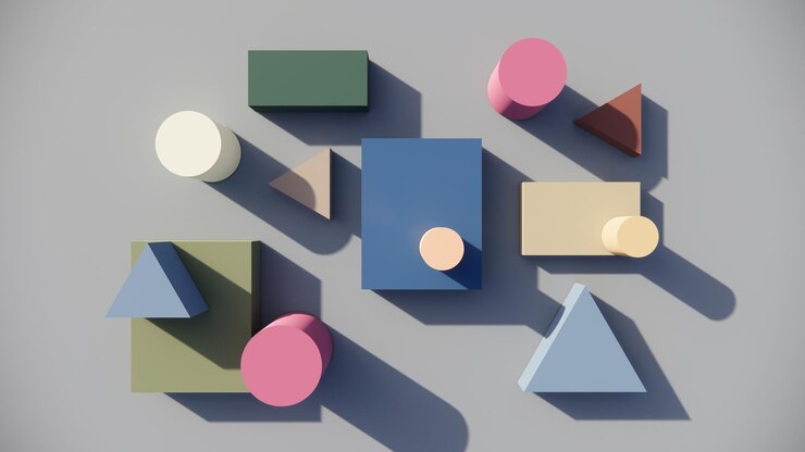 Ilustración 3D de una figura geométrica, rectángulo cuadrado, círculo y formas triangulares