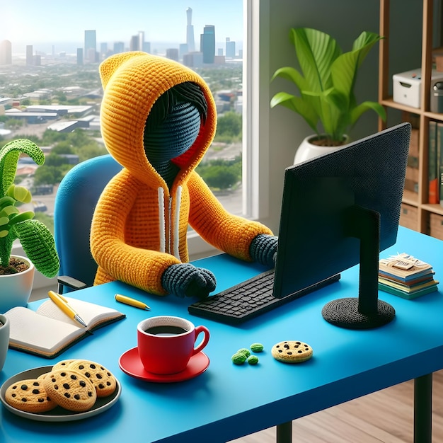 Foto ilustración 3d figuras de empleados de muñecas de ganchillo trabajando frente a una computadora en la habitación de la oficina