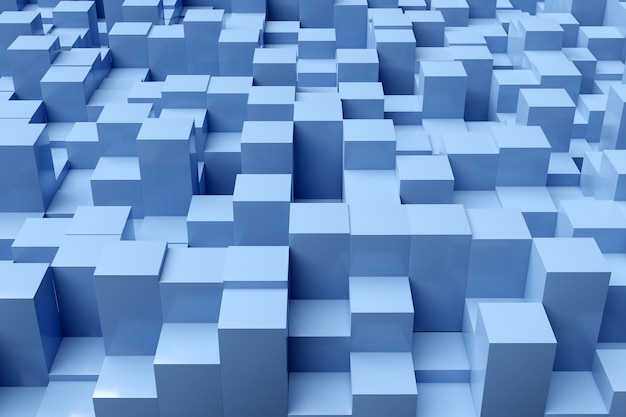 Ilustración 3d de filas de cuadrados de neón azul. Conjunto de cubos sobre fondo monocromo, patrón. Fondo de geometría