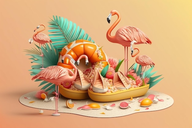 Una ilustración 3D de flamingo flota conchas marinas y chanclas con espacio de copia que encarna el concepto de vacaciones de verano Generative Ai