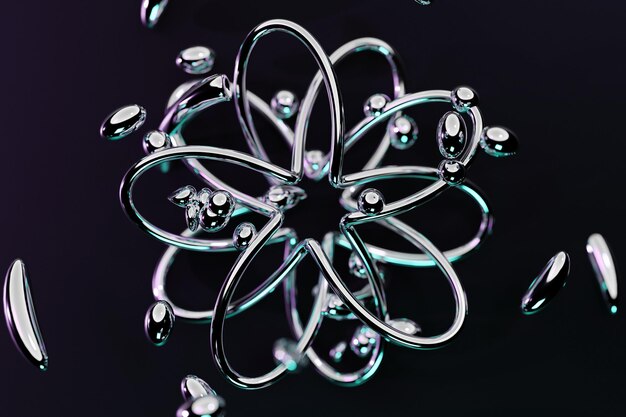 Ilustración 3d de una flor de metal plateado con muchas gotas sobre un fondo negro