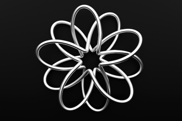 Ilustración 3d de una flor de metal plateado sobre un fondo negro