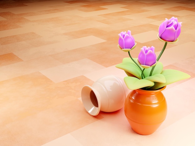 Ilustración 3D Florero con ramo rosa claro jaspeado fondo naranja