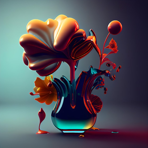 Ilustración 3d de flores abstractas en jarrón sobre fondo oscuro