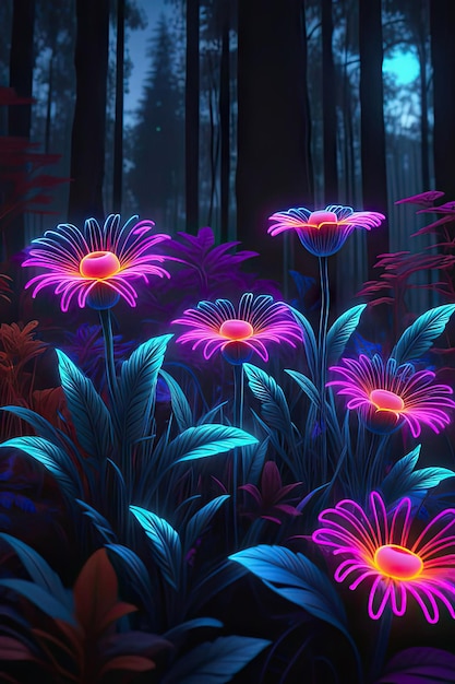 Ilustración 3D de flores en el bosque por la noche con luces de neón