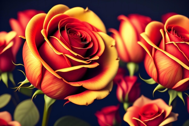 Ilustración 3d de flores rosas rojas y amarillas sobre fondo azul oscuro