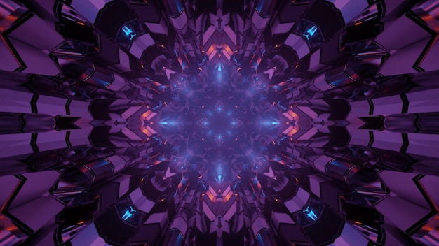 Ilustración 3d de fondo abstracto del corredor geométrico con ladrillos triangulares iluminados con luz de neón púrpura