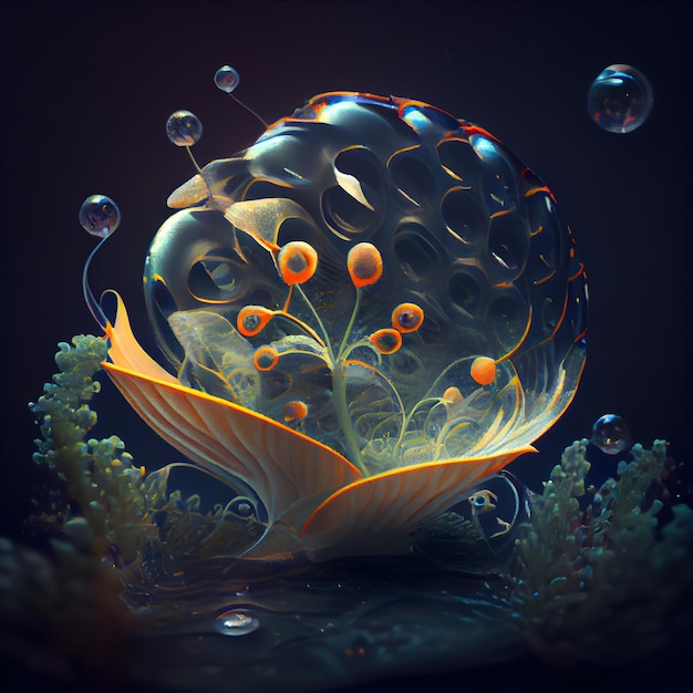 Ilustración 3d de fondo abstracto fractal con esferas y patrón floral