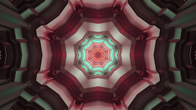 Ilustración 3d de fondo abstracto ilusión óptica dentro del túnel de ciencia ficción sin fin con diseño octogonal y líneas de neón brillantes