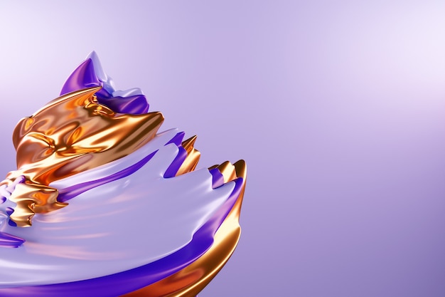 Ilustración 3D de un fondo abstracto violeta y dorado con círculos brillantes y brillo