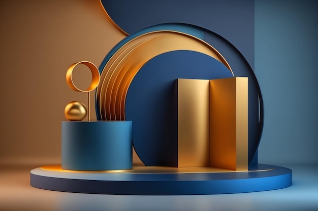 Una ilustración 3d de un fondo azul y naranja con un objeto redondo y una bola de oro.