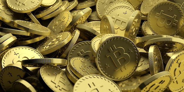 Ilustración 3d de fondo de bitcoins dorados