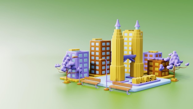 Ilustración 3d Fondo de la ciudad de Malasia con la torre petronas como punto de referencia