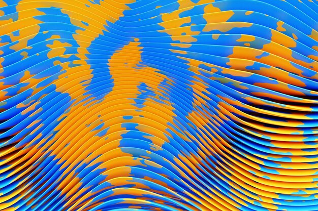 Ilustración 3D de un fondo degradado abstracto azul y amarillo con líneas. Impresión de las olas. Textura gráfica moderna. Patrón geométrico.