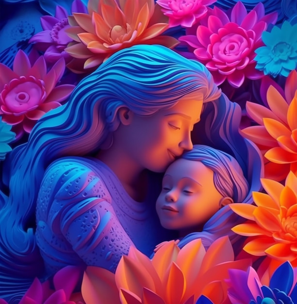 Ilustración 3d del fondo del día de la madre con efecto de luz de neón colorido