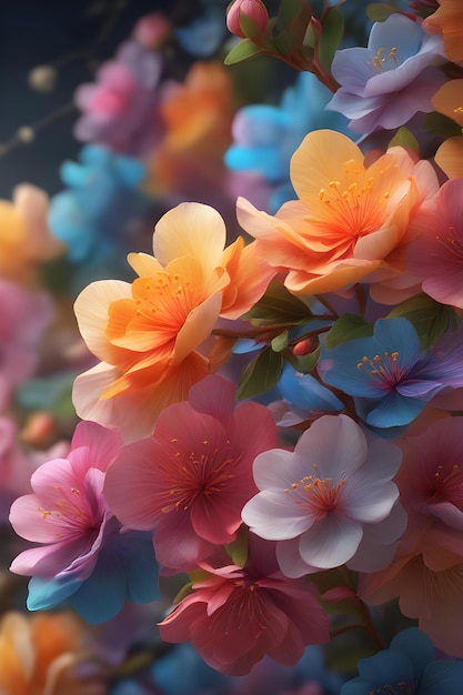 Ilustración 3D de fondo de flores de colores con efecto bokeh