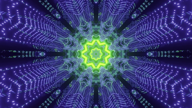 Ilustración 3d de fondo futurista abstracto del túnel espacial de ciencia ficción con centro en forma de estrella de neón verde brillante y partículas azules parpadeantes que forman líneas geométricas