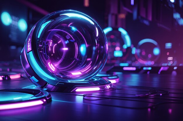 Ilustración 3d de fondo futurista de luces techno de ciencia ficción azul y púrpura