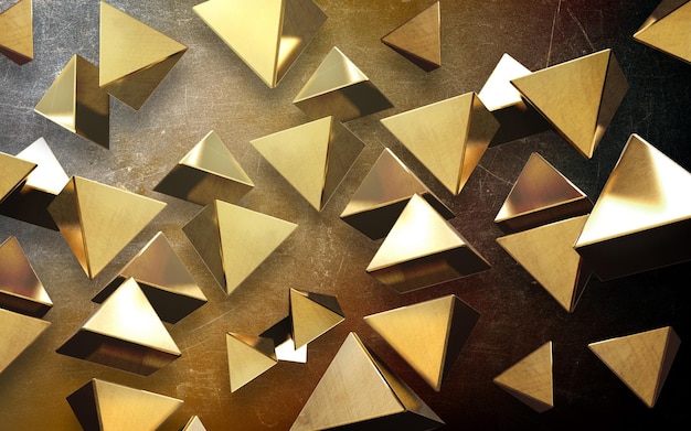 Ilustración 3D de fondo grunge muchas pirámides triangulares doradas en vuelo