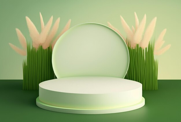 Ilustración 3d de fondo de hierba verde con podio