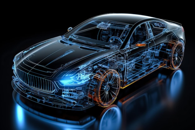 Ilustración 3D de fondo negro de un coche moderno con detalles de interfaz de usuario de alta tecnología