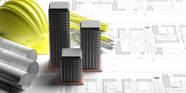 Ilustración 3d de fondo de planos de construcción de edificios de rascacielos