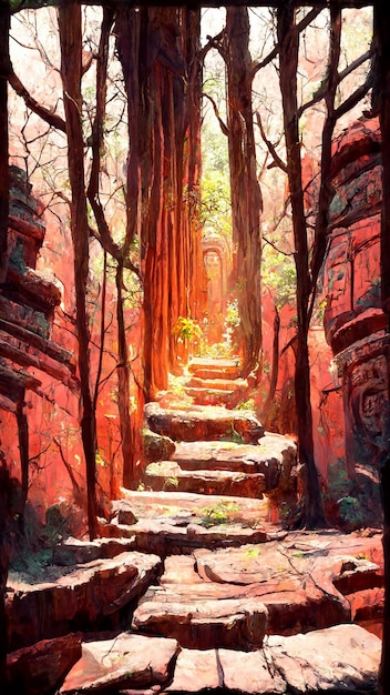 Ilustración 3D de fondo de puerta de estilo maya de bosque